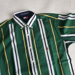 ❤️ Tommy Hilfiger striped embroidered button short sleeve vtg boys Large